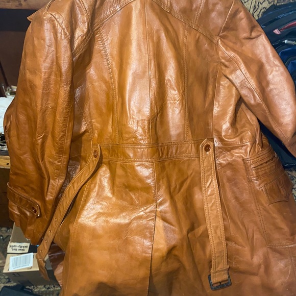 MENS VINTAGE BROWN LEATHER TRENCH COAT GREAT COND - Picture 12 of 13